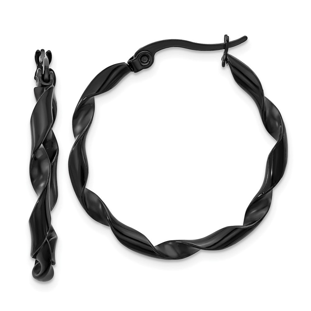 SRE1688 Chisel Stainless Steel Polished Black IP-plated Twisted Hoop Earrings
