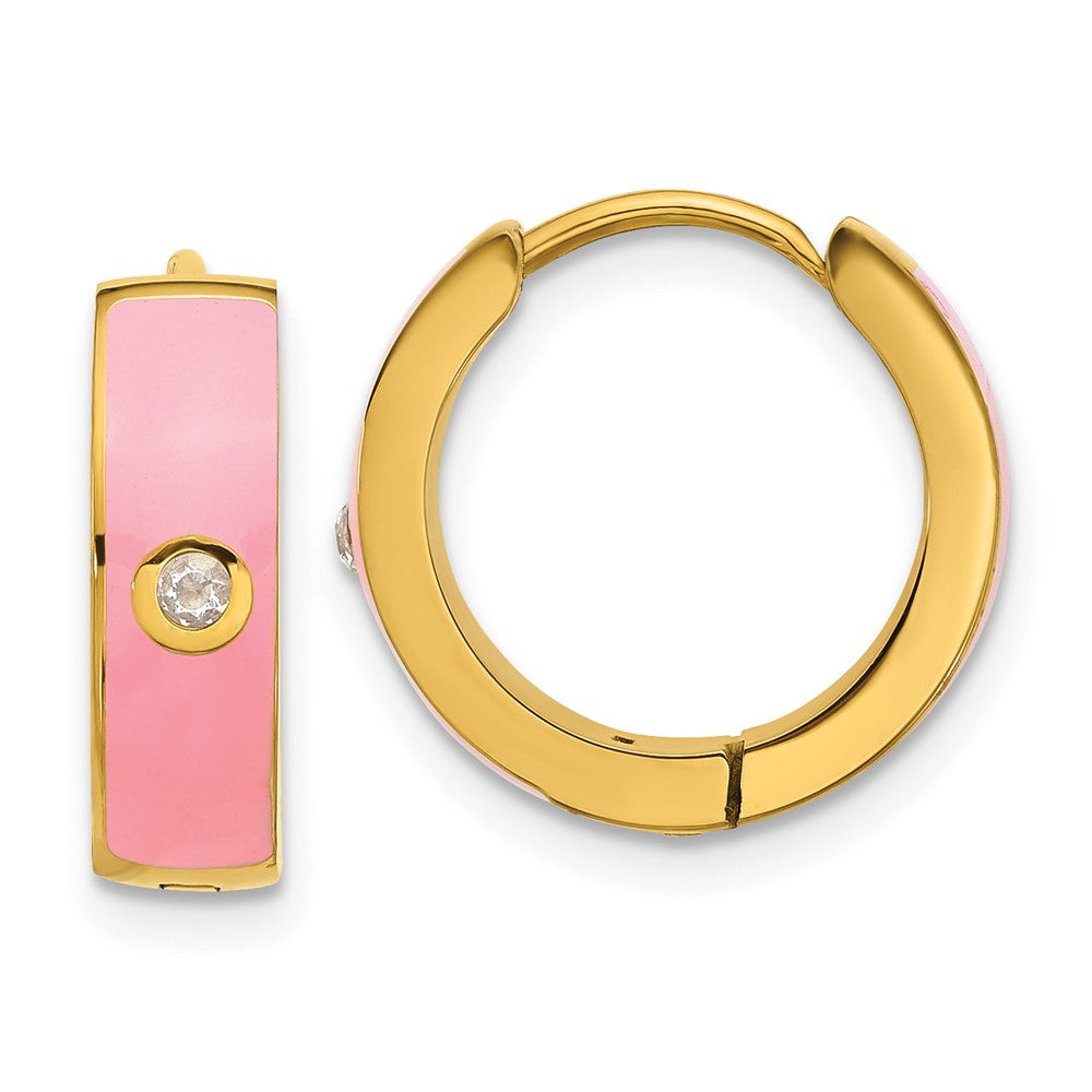 SRE1693 Chisel Stainless Steel Polished Yellow IP-plated with Pink Enamel and CZ 5mm Hinged Hoop Earrings