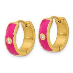 SRE1694 Chisel Stainless Steel Polished Yellow IP-plated with Dark Pink Enamel and CZ 5mm Hinged Hoop Earrings
