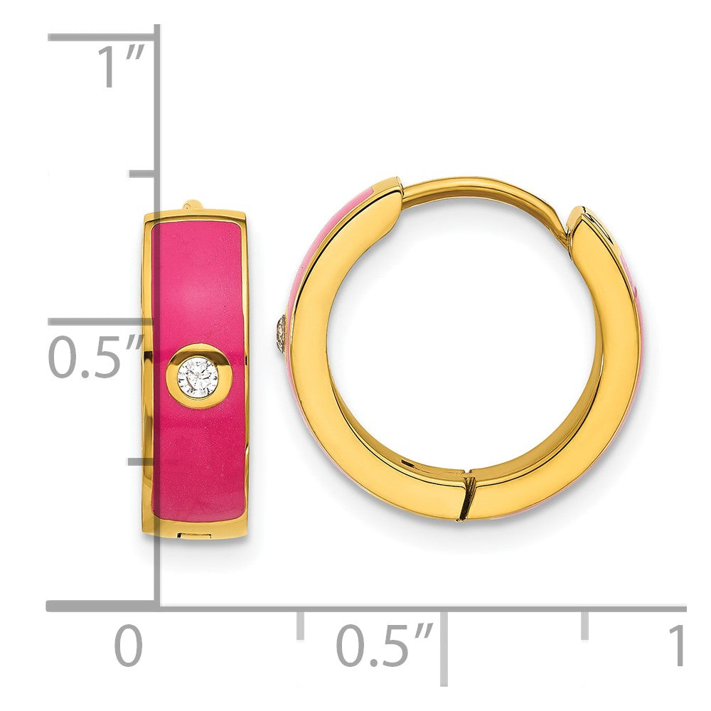 SRE1694 Chisel Stainless Steel Polished Yellow IP-plated with Dark Pink Enamel and CZ 5mm Hinged Hoop Earrings