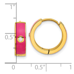SRE1694 Chisel Stainless Steel Polished Yellow IP-plated with Dark Pink Enamel and CZ 5mm Hinged Hoop Earrings