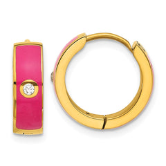 SRE1694 Chisel Stainless Steel Polished Yellow IP-plated with Dark Pink Enamel and CZ 5mm Hinged Hoop Earrings
