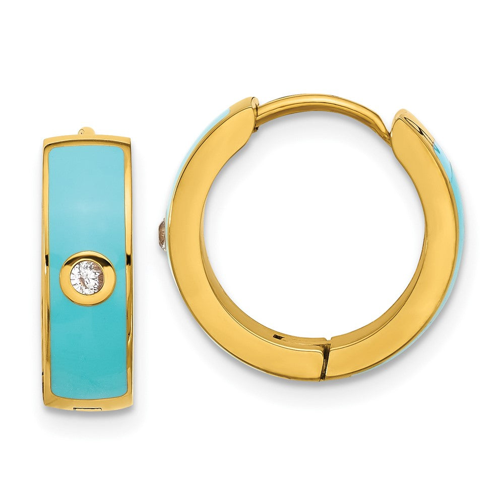 SRE1695 Chisel Stainless Steel Polished Yellow IP-plated with Blue Enamel and CZ 5mm Hinged Hoop Earrings