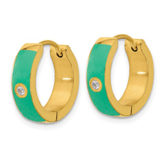 SRE1696 Chisel Stainless Steel Polished Yellow IP-plated with Green Enamel and CZ 5mm Hinged Hoop Earrings