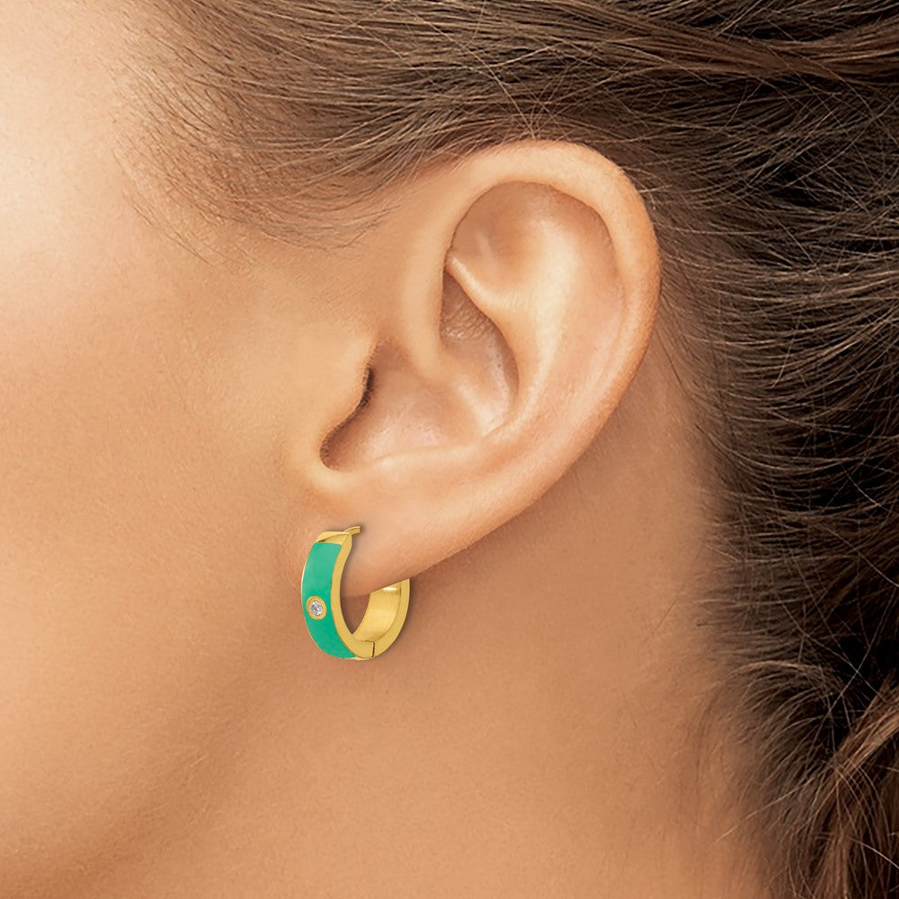 SRE1696 Chisel Stainless Steel Polished Yellow IP-plated with Green Enamel and CZ 5mm Hinged Hoop Earrings