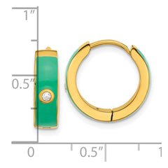 SRE1696 Chisel Stainless Steel Polished Yellow IP-plated with Green Enamel and CZ 5mm Hinged Hoop Earrings