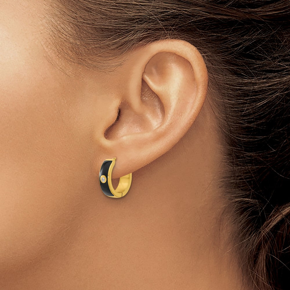 SRE1697 Chisel Stainless Steel Polished Yellow IP-plated with Black Enamel and CZ 5mm Hinged Hoop Earrings