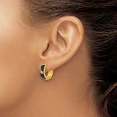 SRE1697 Chisel Stainless Steel Polished Yellow IP-plated with Black Enamel and CZ 5mm Hinged Hoop Earrings