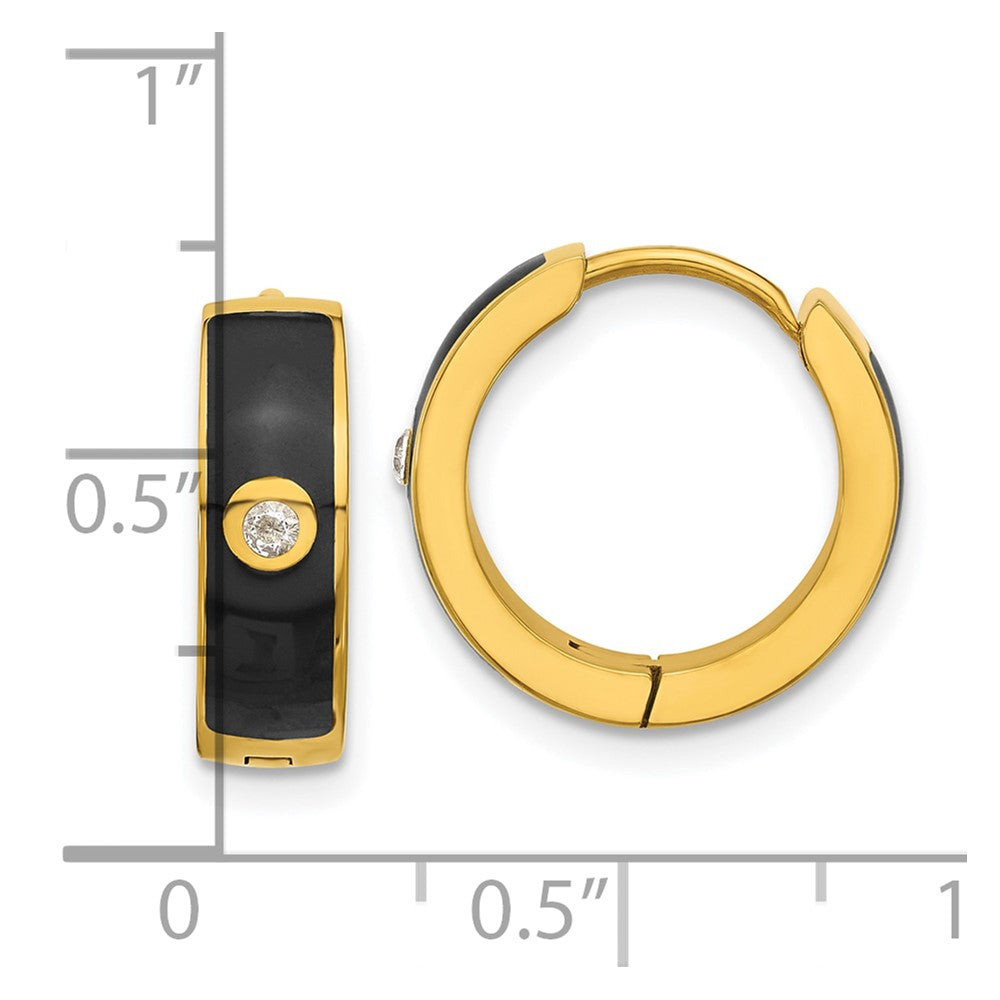 SRE1697 Chisel Stainless Steel Polished Yellow IP-plated with Black Enamel and CZ 5mm Hinged Hoop Earrings