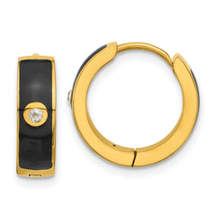 SRE1697 Chisel Stainless Steel Polished Yellow IP-plated with Black Enamel and CZ 5mm Hinged Hoop Earrings