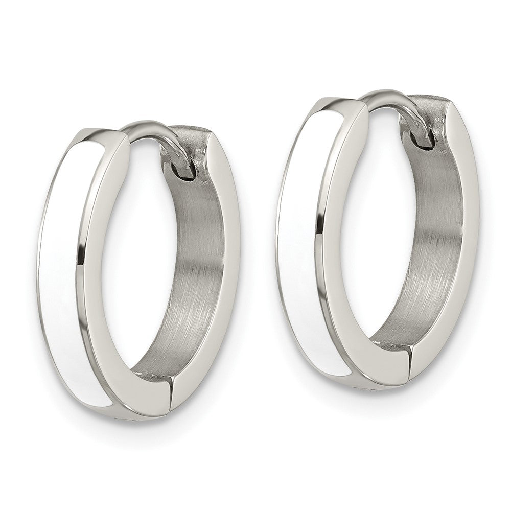 SRE1698 Chisel Stainless Steel Polished with White Enamel 2.90mm Hinged Hoop Earrings