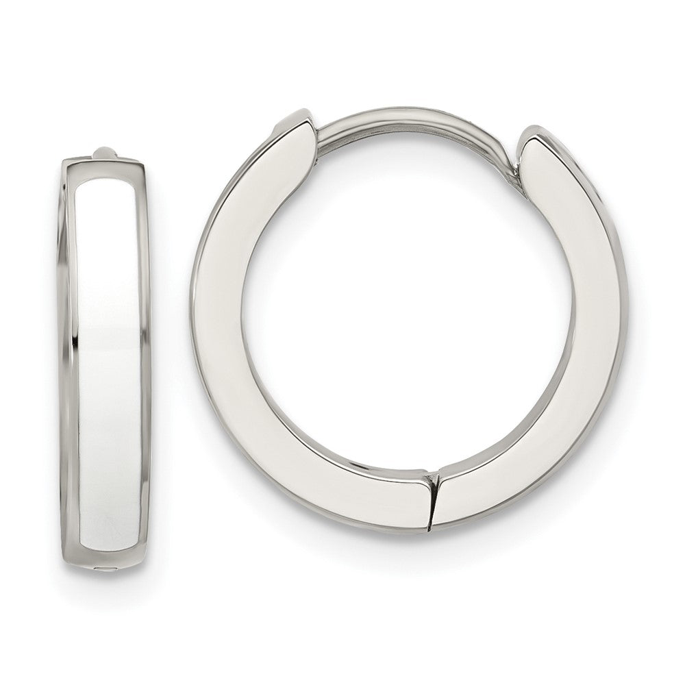 SRE1698 Chisel Stainless Steel Polished with White Enamel 2.90mm Hinged Hoop Earrings