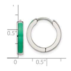 SRE1701 Chisel Stainless Steel Polished with Green Enamel 2.90mm Hinged Hoop Earrings