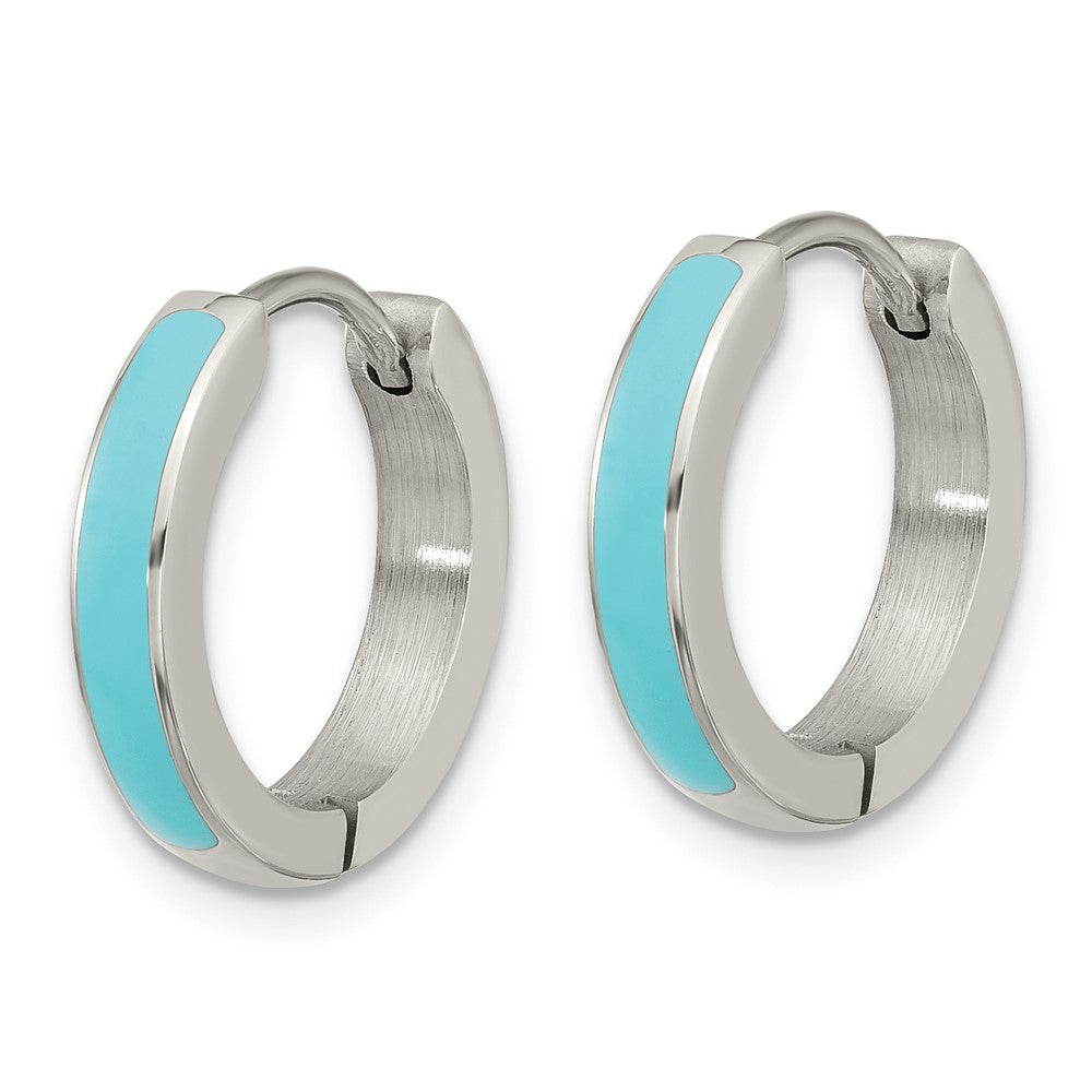 SRE1702 Chisel Stainless Steel Polished with Blue Enamel 2.90mm Hinged Hoop Earrings