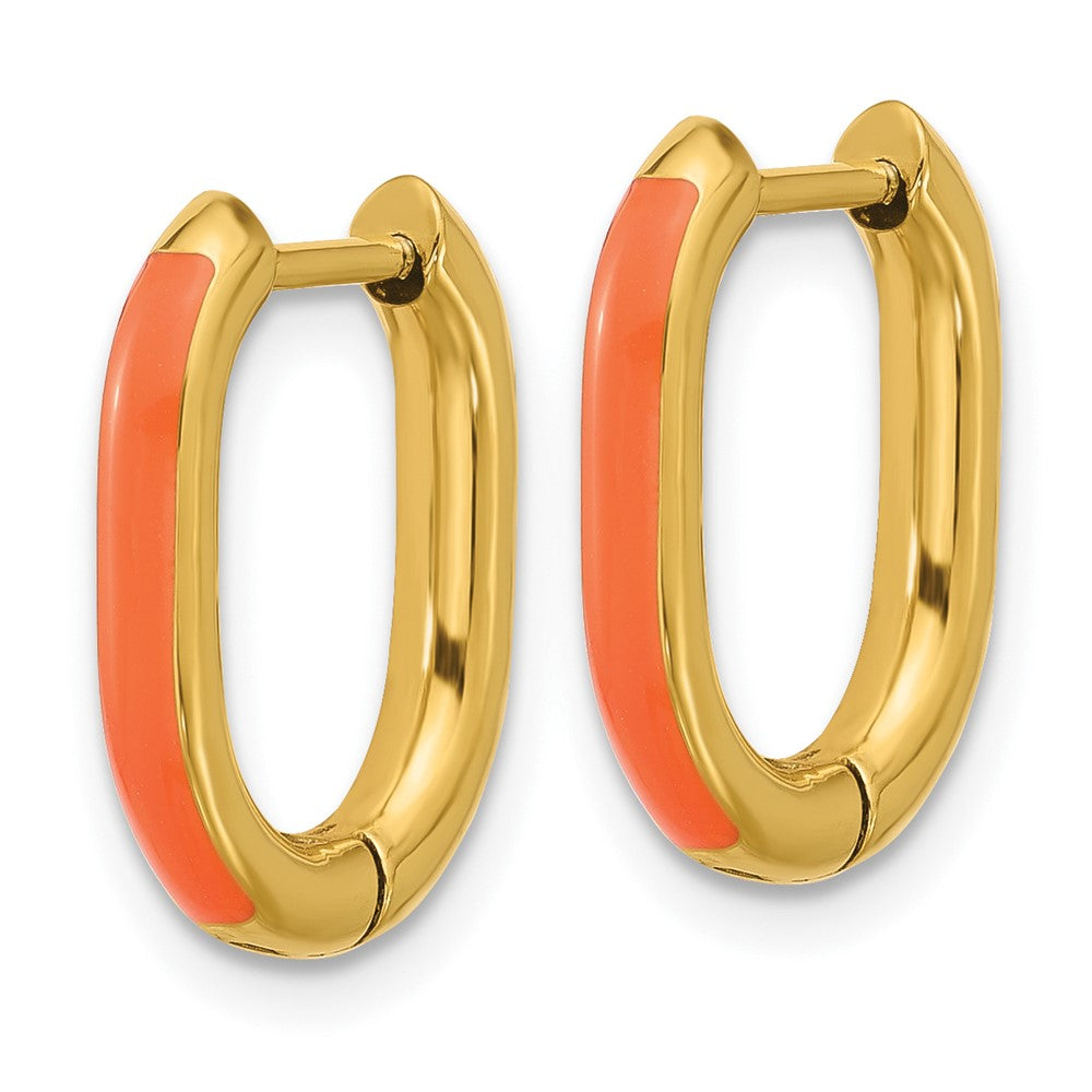 SRE1703 Chisel Stainless Steel Polished Yellow IP-plated with Orange Enamel 2.40mm Elongated Hinged Hoop Earrings