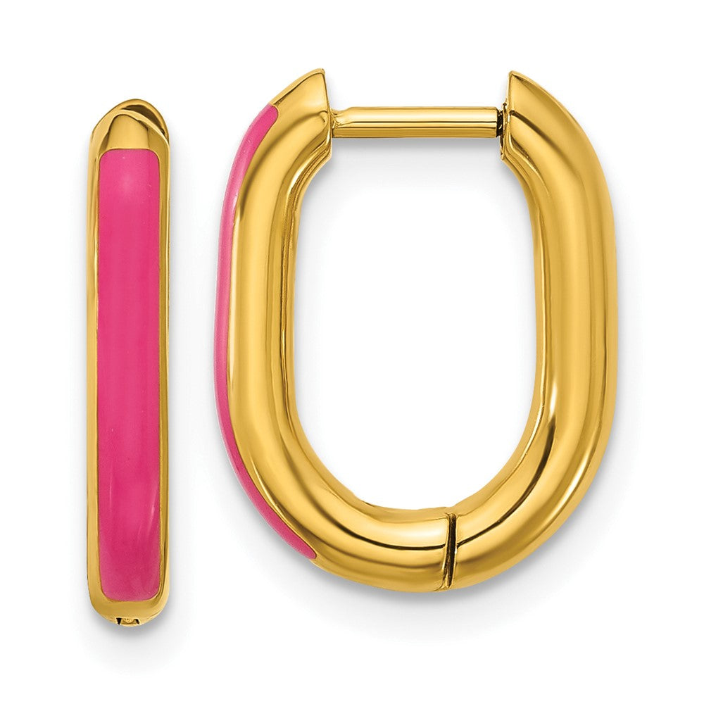 SRE1704 Chisel Stainless Steel Polished Yellow IP-plated with Pink Enamel 2.40mm Elongated Hinged Hoop Earrings