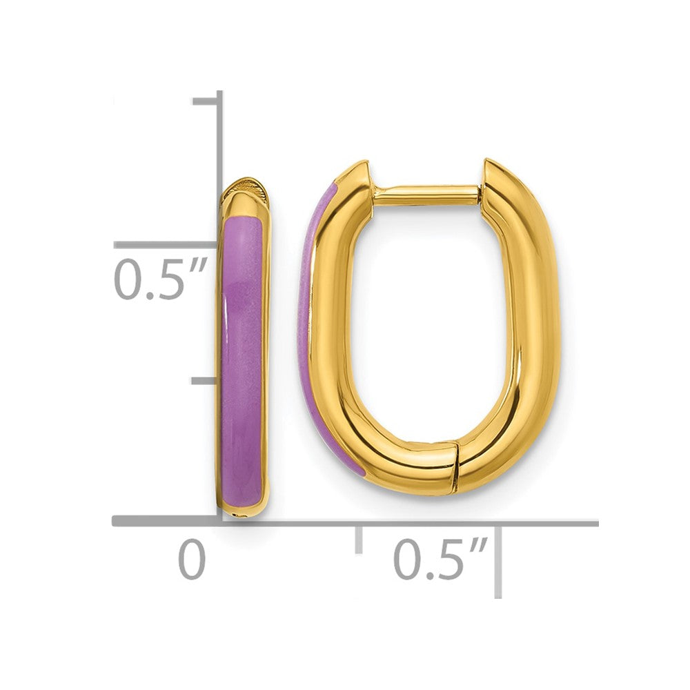 SRE1705 Chisel Stainless Steel Polished Yellow IP-plated with Purple Enamel 2.40mm Elongated Hinged Hoop Earrings