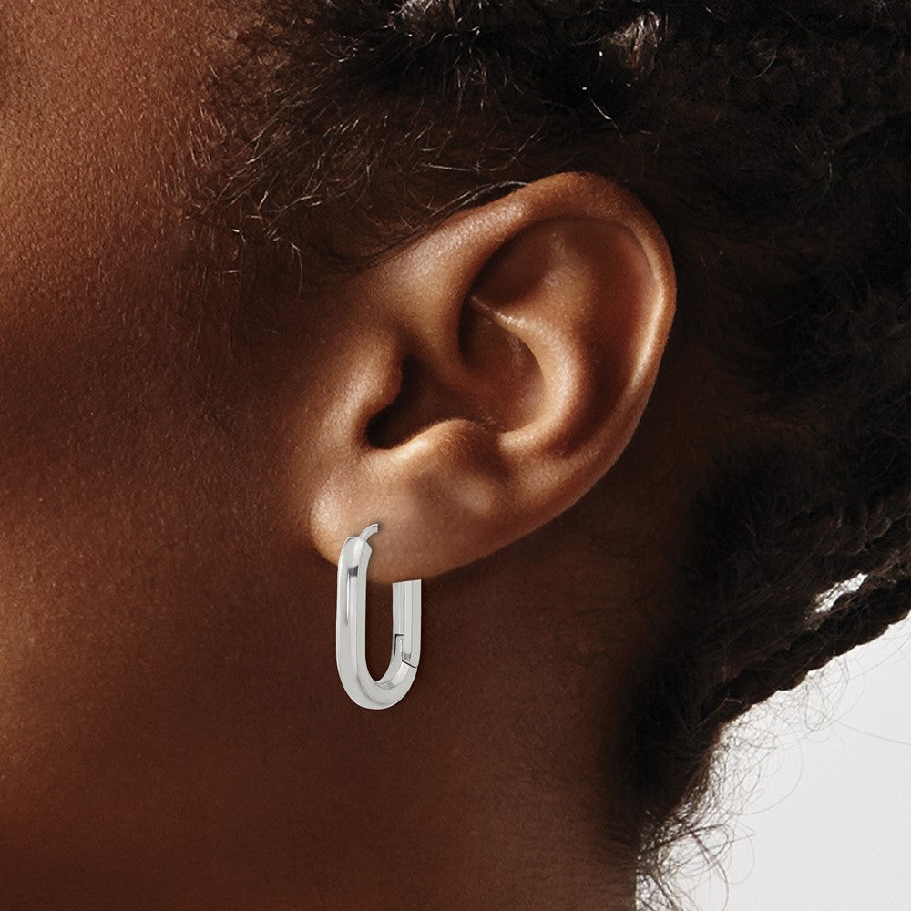 SRE1720 Chisel Stainless Steel Polished Elongated 3mm Hinged Hoop Earrings