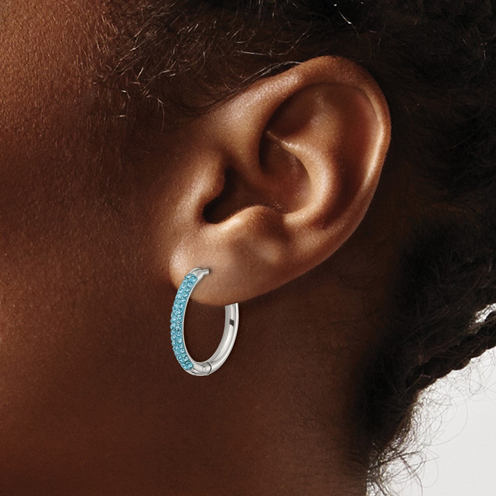 SRE1732 Chisel Stainless Steel Polished Preciosa Aqua Bohemica Crystal Hoop Earrings