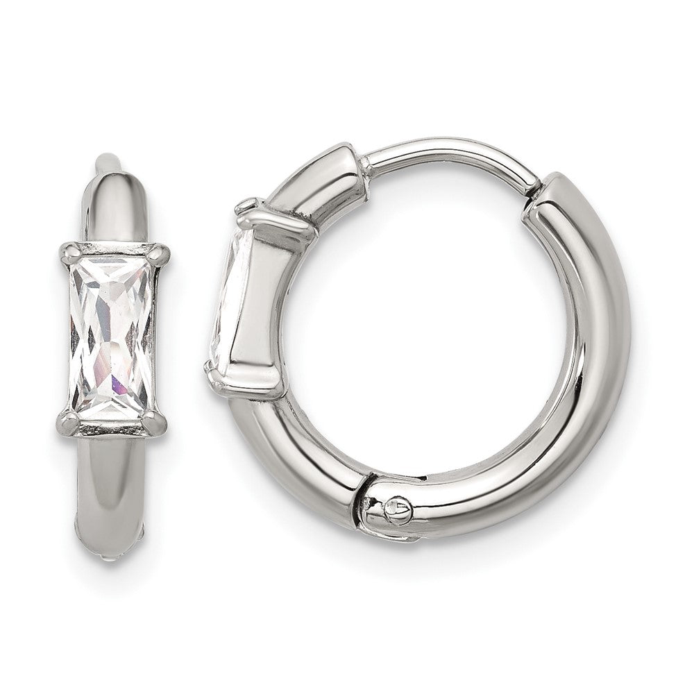 SRE1733 Chisel Stainless Steel Polished Rectangle CZ Hinged Hoop Earrings