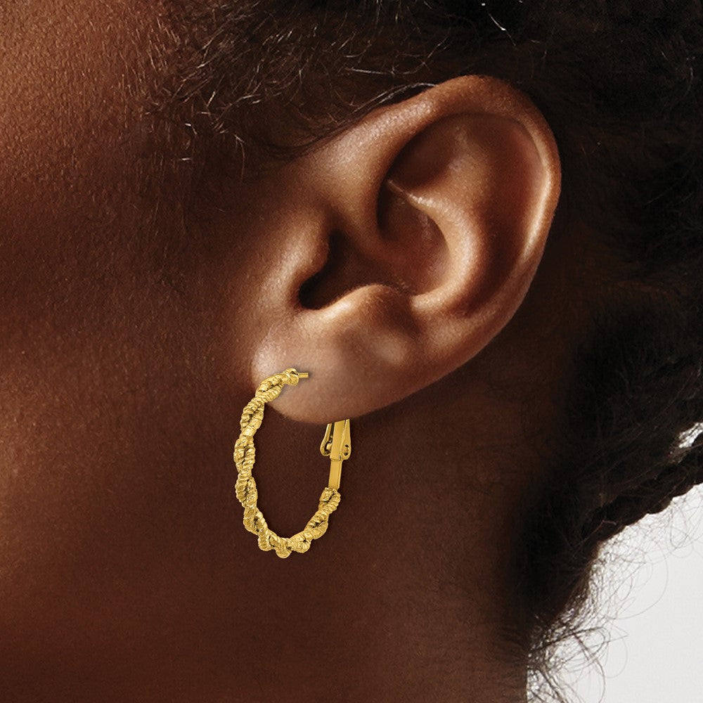 SRE1746 Chisel Stainless Steel Polished Textured Yellow IP-plated Omega Back Hoop Earrings