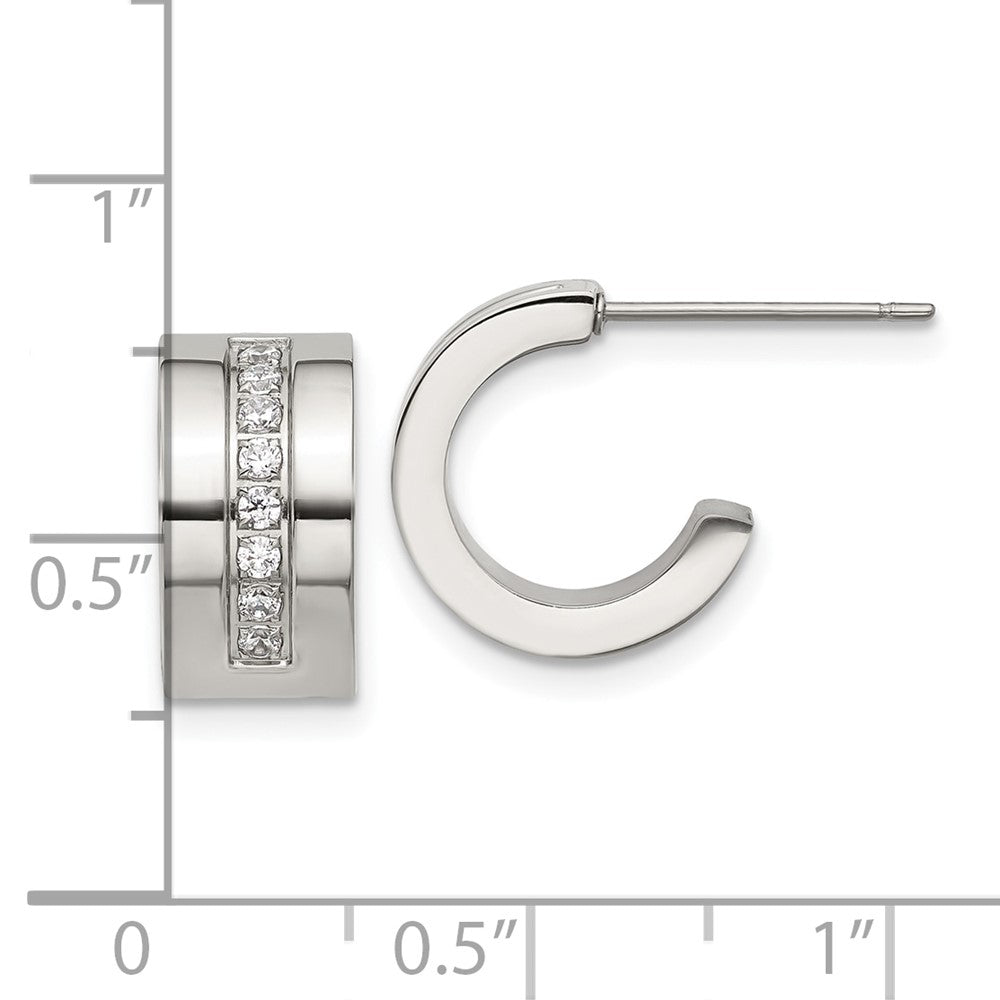 SRE1751 Chisel Stainless Steel Polished CZ 12mm Post Hoop Earrings