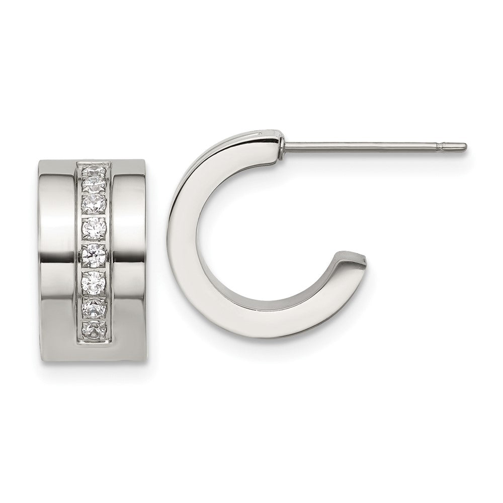SRE1751 Chisel Stainless Steel Polished CZ 12mm Post Hoop Earrings