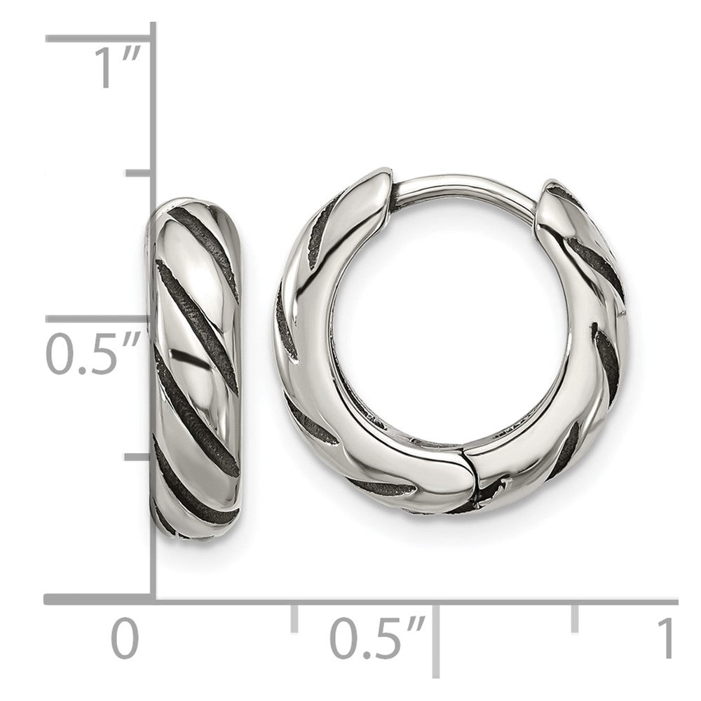 SRE1770 Chisel Stainless Steel Antiqued and Polished Hinged Hoop Earrings