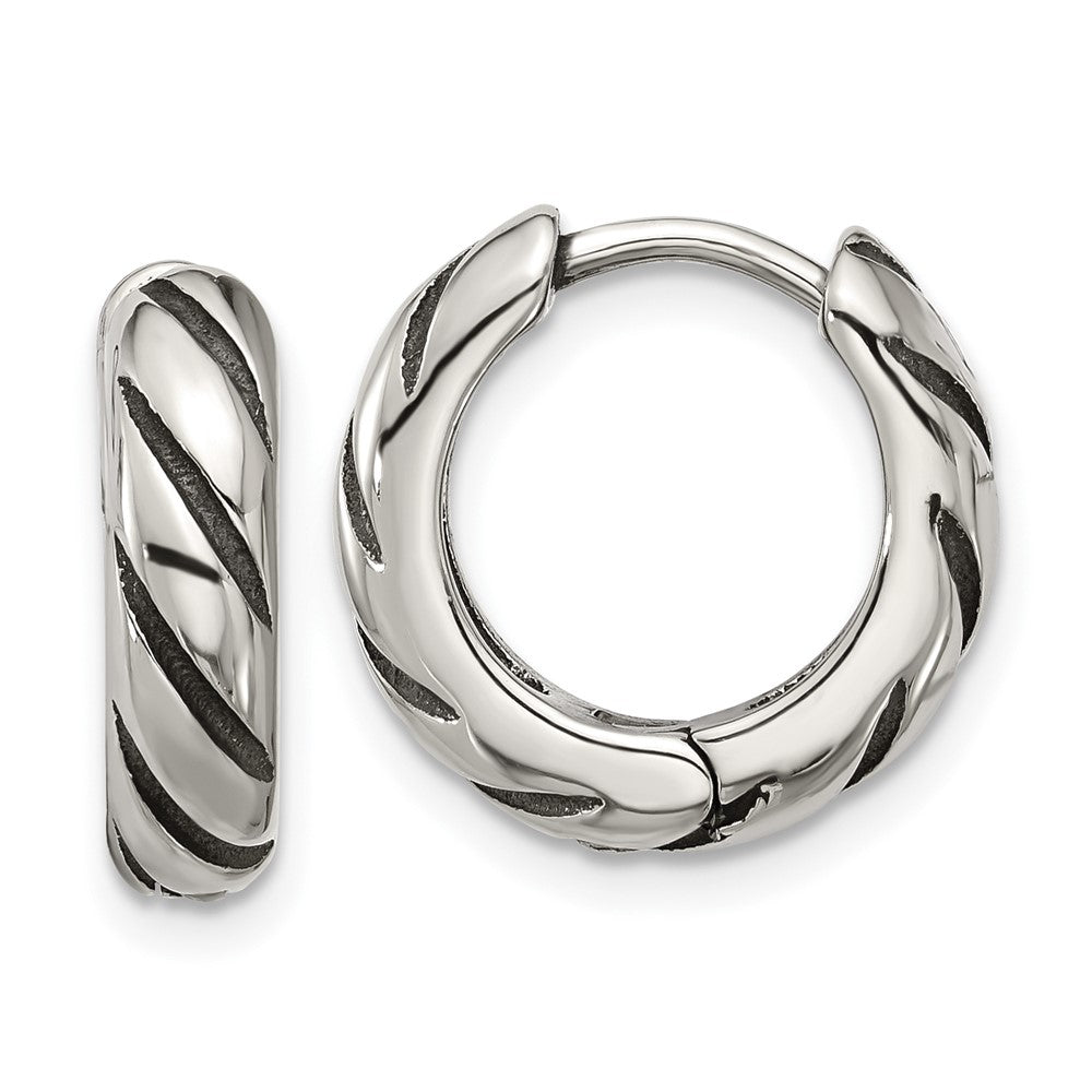 SRE1770 Chisel Stainless Steel Antiqued and Polished Hinged Hoop Earrings