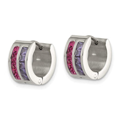 SRE1779 Chisel Stainless Steel Polished Preciosa Amethyst and Tanzanite Hoop Earrings
