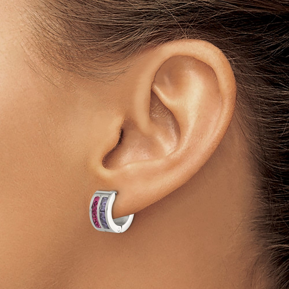 SRE1779 Chisel Stainless Steel Polished Preciosa Amethyst and Tanzanite Hoop Earrings
