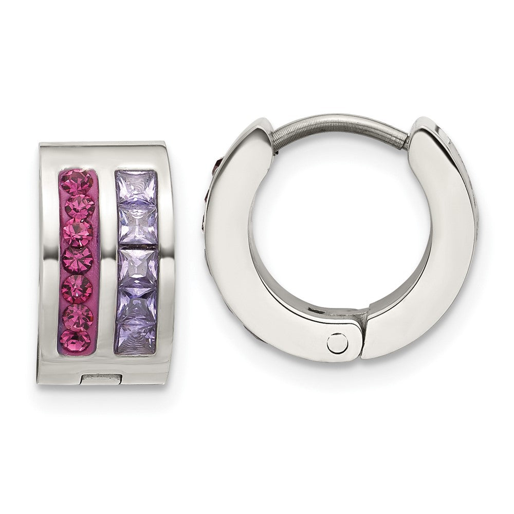 SRE1779 Chisel Stainless Steel Polished Preciosa Amethyst and Tanzanite Hoop Earrings