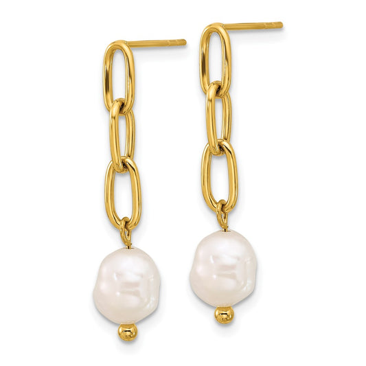 SRE1782 Chisel Stainless Steel Polished Yellow IP-plated Open Chain with Freshwater Cultured Pearl Post Dangle Earrings