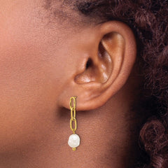 SRE1782 Chisel Stainless Steel Polished Yellow IP-plated Open Chain with Freshwater Cultured Pearl Post Dangle Earrings