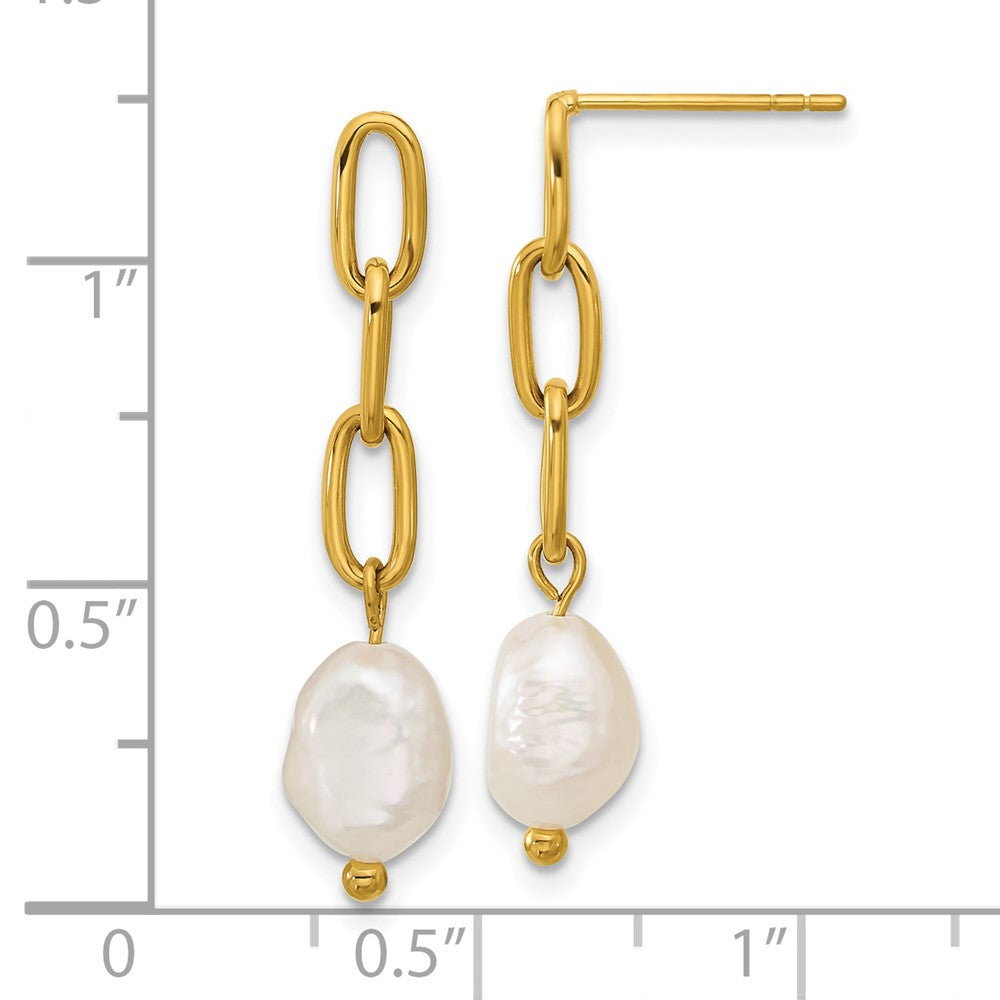 SRE1782 Chisel Stainless Steel Polished Yellow IP-plated Open Chain with Freshwater Cultured Pearl Post Dangle Earrings