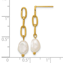SRE1782 Chisel Stainless Steel Polished Yellow IP-plated Open Chain with Freshwater Cultured Pearl Post Dangle Earrings