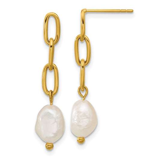 SRE1782 Chisel Stainless Steel Polished Yellow IP-plated Open Chain with Freshwater Cultured Pearl Post Dangle Earrings