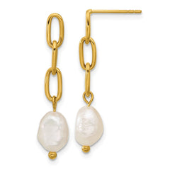 SRE1782 Chisel Stainless Steel Polished Yellow IP-plated Open Chain with Freshwater Cultured Pearl Post Dangle Earrings
