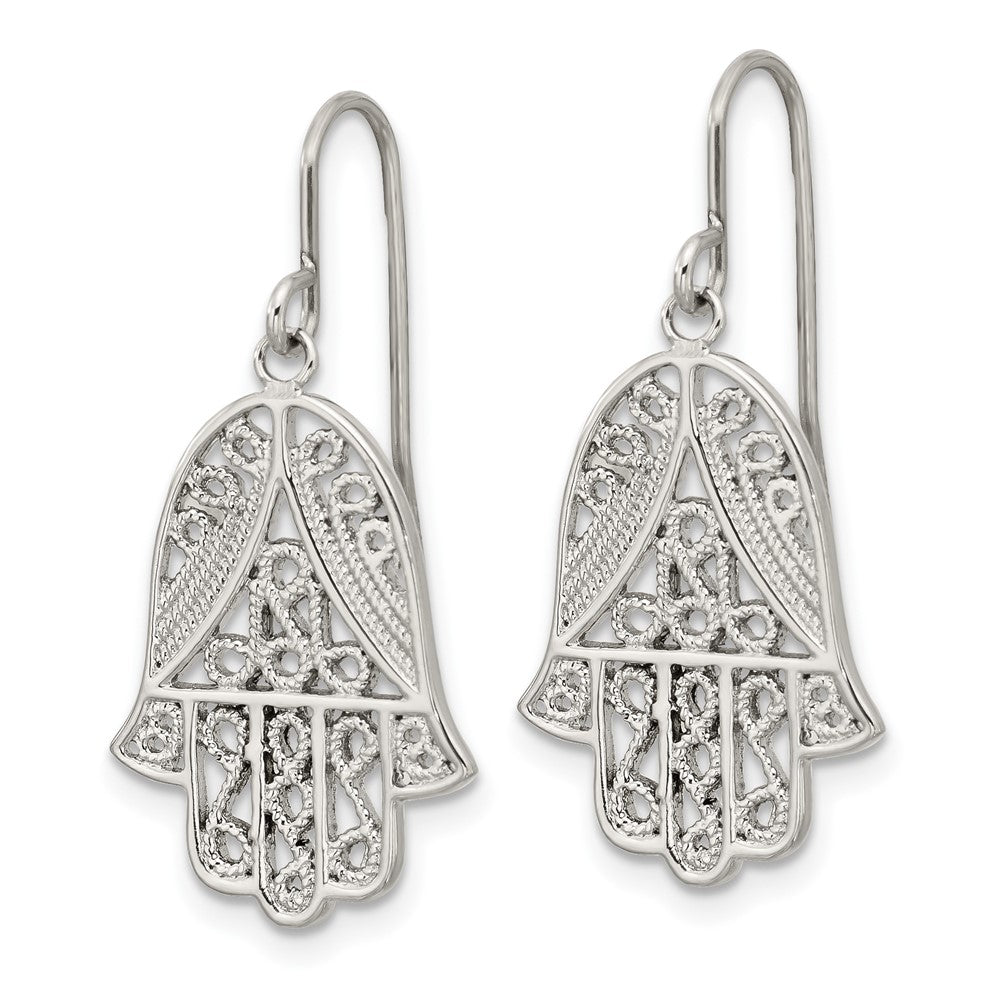 SRE1785 Chisel Stainless Steel Polished and Textured Hamsa Dangle Shepherd Hook Earrings