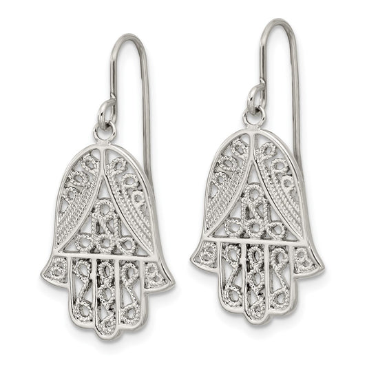 SRE1785 Chisel Stainless Steel Polished and Textured Hamsa Dangle Shepherd Hook Earrings