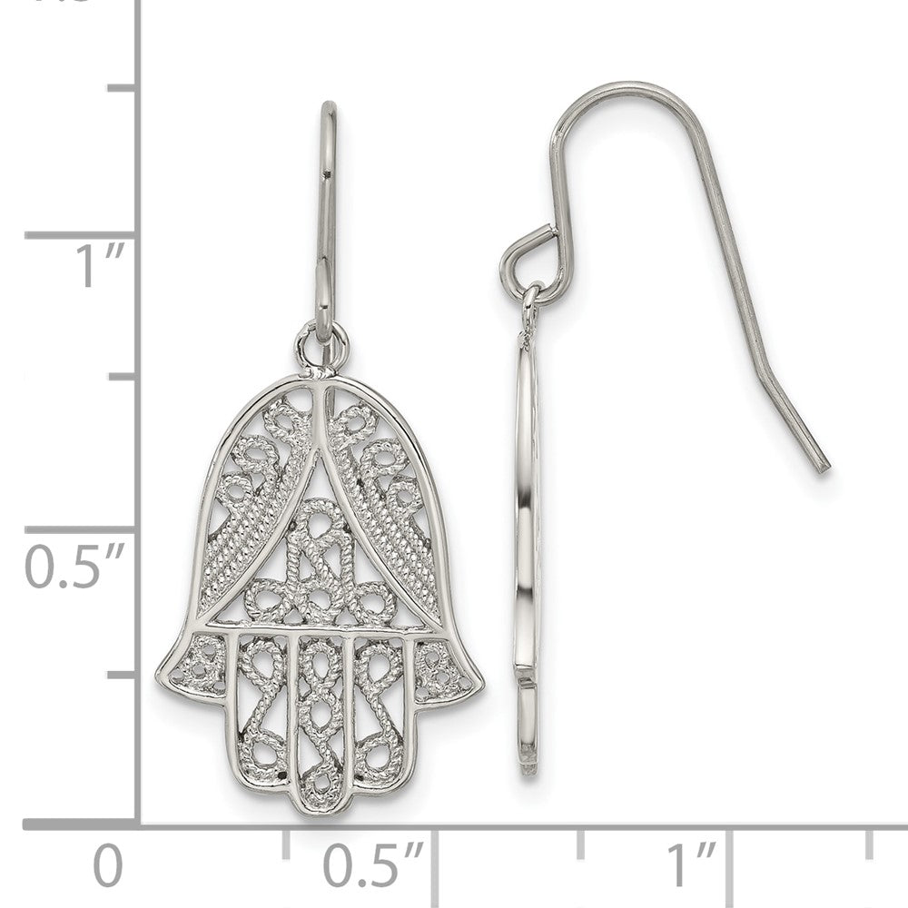 SRE1785 Chisel Stainless Steel Polished and Textured Hamsa Dangle Shepherd Hook Earrings