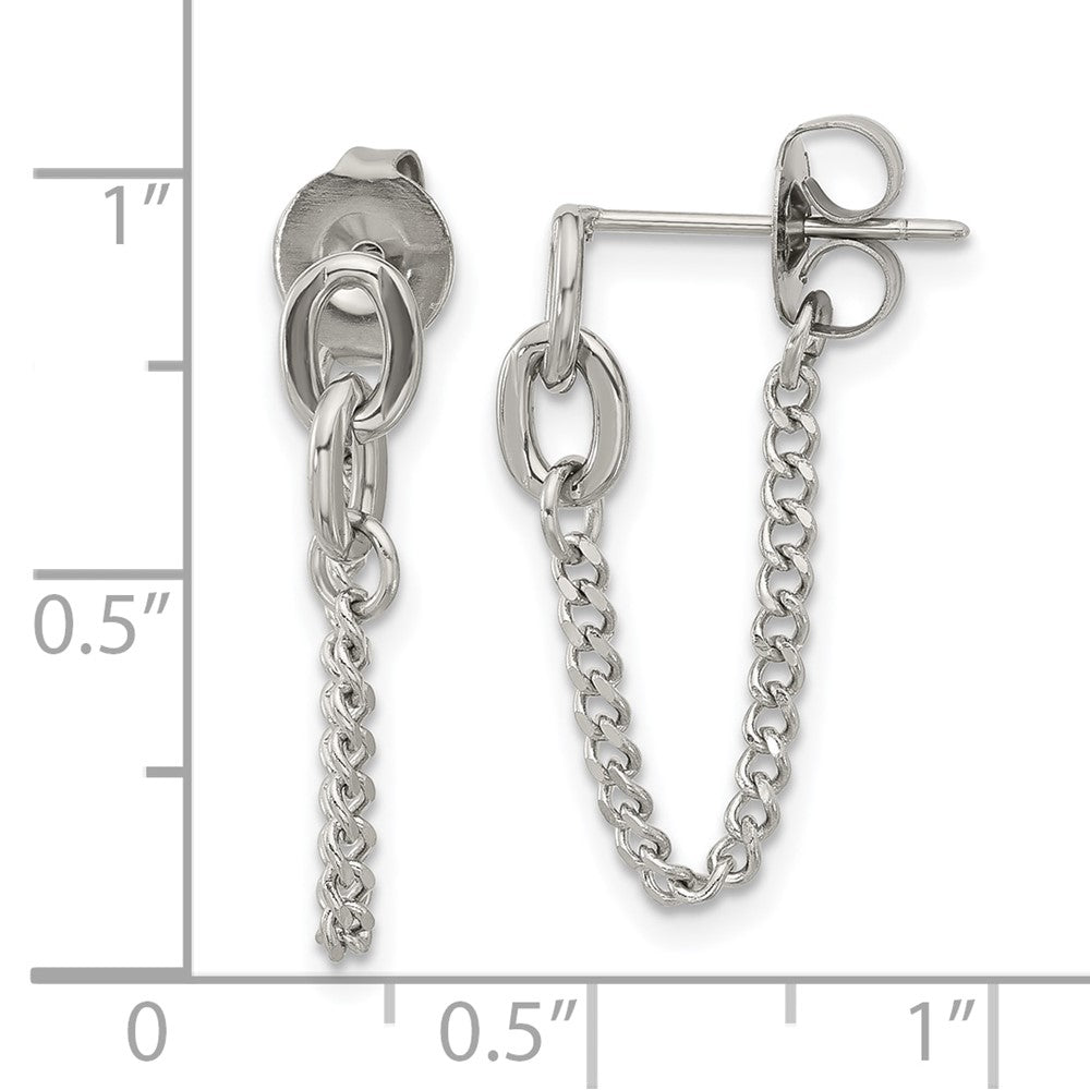 SRE1791 Chisel Stainless Steel Polished Chain Front and Back Post Dangle Earrings