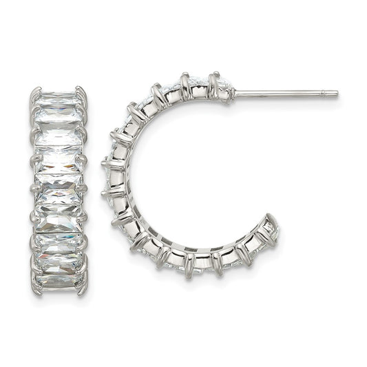 SRE1801 Chisel Stainless Steel Polished White Zircon J-Hoop Earrings
