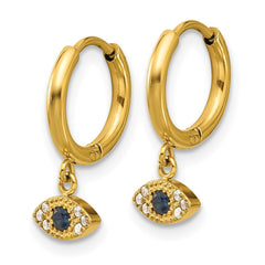 SRE1803 Chisel Stainless Steel Polished Yellow IP-plated Blue and White Zircon Evil Eye Dangle Hinged Hoop Earrings