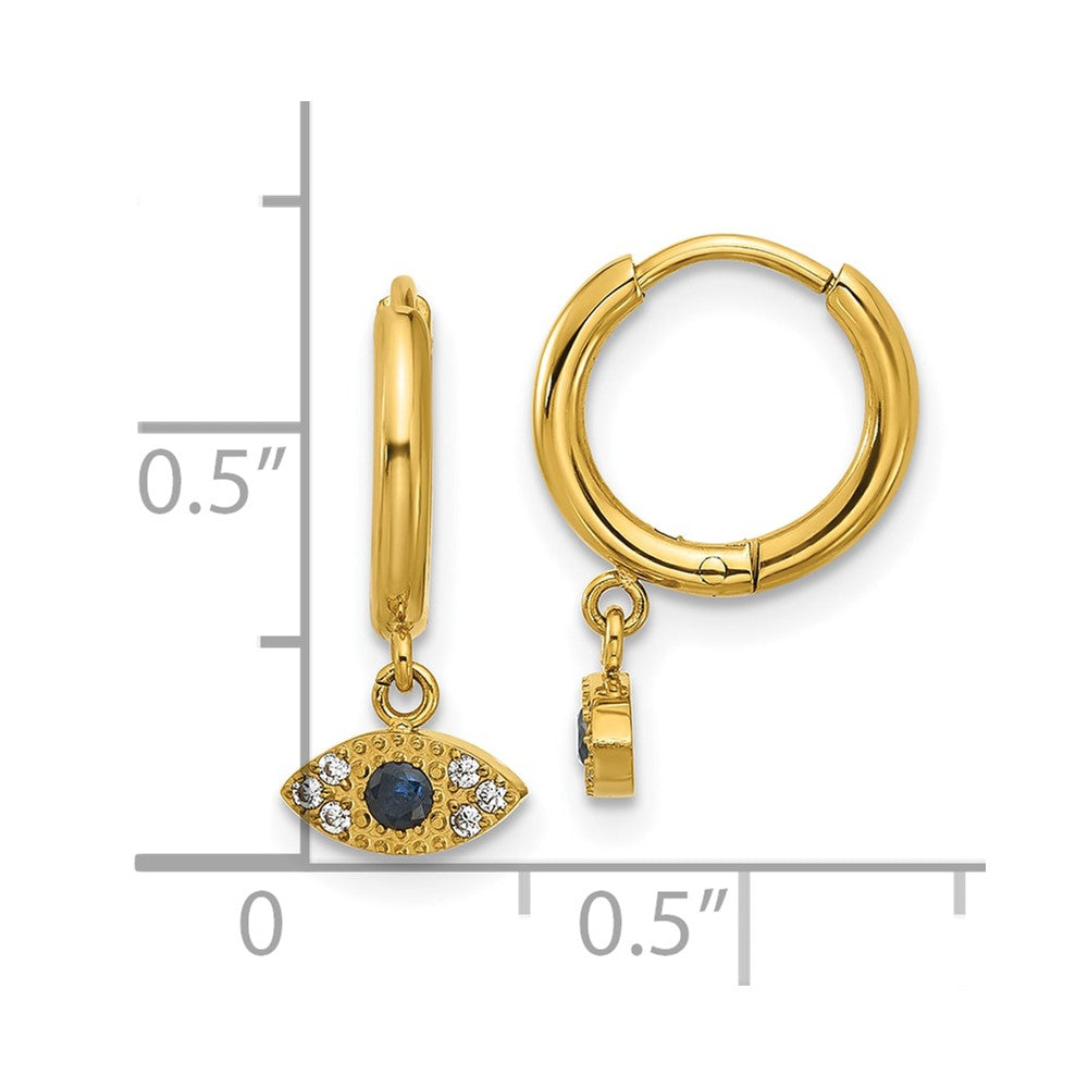 SRE1803 Chisel Stainless Steel Polished Yellow IP-plated Blue and White Zircon Evil Eye Dangle Hinged Hoop Earrings