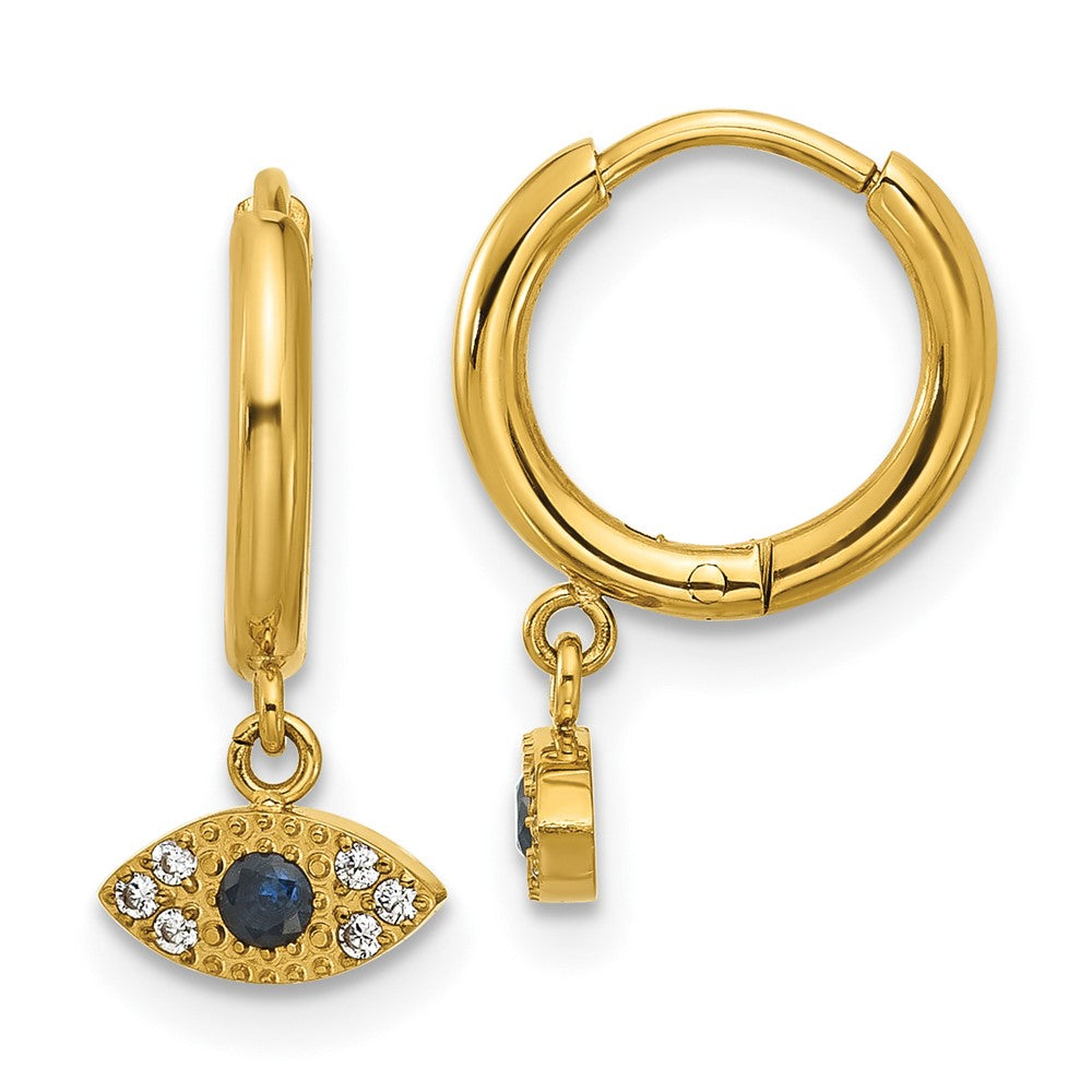 SRE1803 Chisel Stainless Steel Polished Yellow IP-plated Blue and White Zircon Evil Eye Dangle Hinged Hoop Earrings