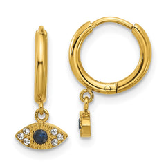 SRE1803 Chisel Stainless Steel Polished Yellow IP-plated Blue and White Zircon Evil Eye Dangle Hinged Hoop Earrings