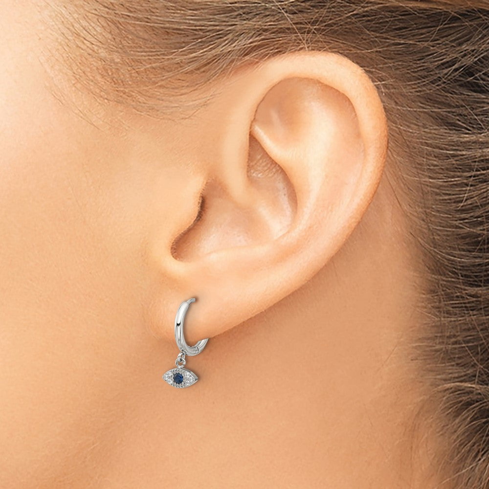 SRE1804 Chisel Stainless Steel Polished Blue and White Zircon Evil Eye Dangle Hinged Hoop Earrings