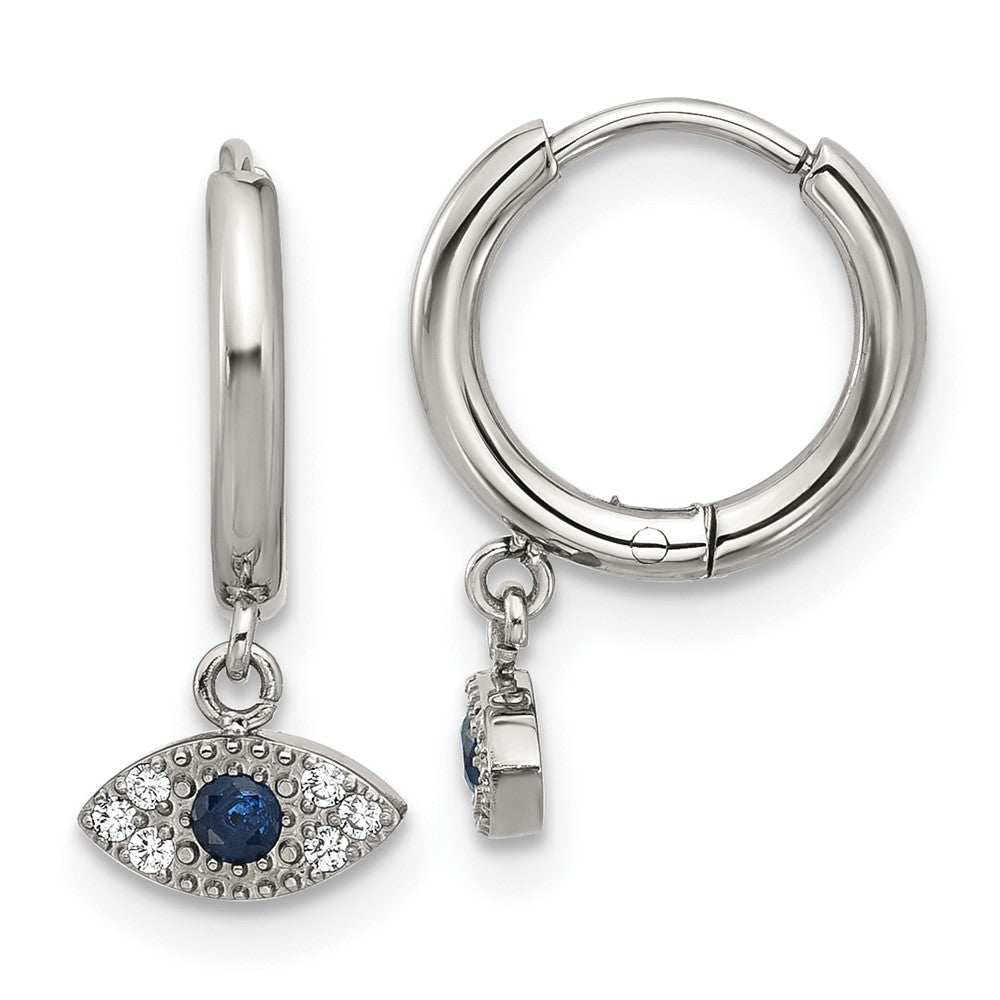 SRE1804 Chisel Stainless Steel Polished Blue and White Zircon Evil Eye Dangle Hinged Hoop Earrings