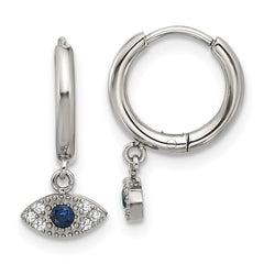 SRE1804 Chisel Stainless Steel Polished Blue and White Zircon Evil Eye Dangle Hinged Hoop Earrings